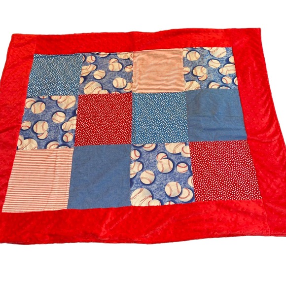 Handmade Hand Sewn Infant Blanket Bas ball Red White Blue 36”x28” - Picture 1 of 4